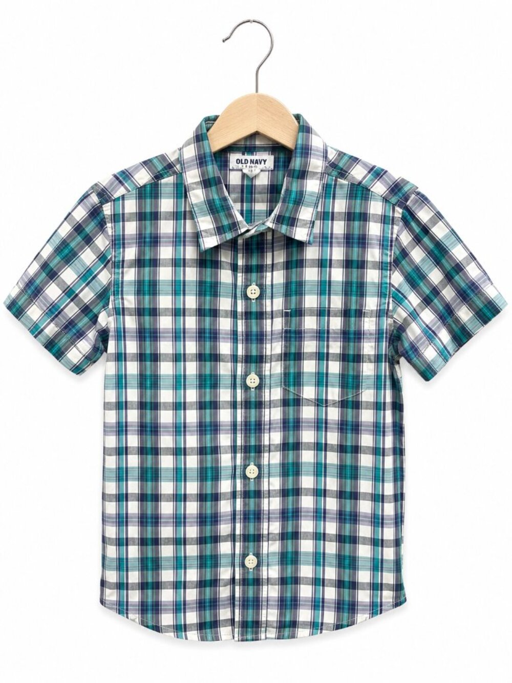 Old Navy Boys Teal Blue White Plaid Short Sleeve Button Down Shirt Size XS 5